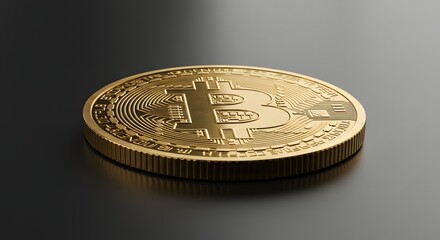 Close-up of a physical Bitcoin coin with intricate details, placed on a reflective surface with soft studio lighting, professional photography