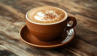 A brown cup of cappuccino with foam on a wooden surface.