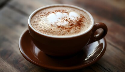 Cup of cappuccino with foam on a wooden surface.
