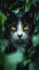 Black and white cat hiding in lush foliage