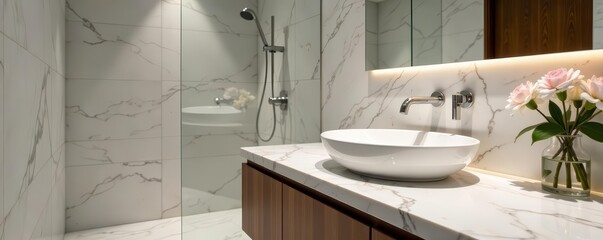 Luxurious marble counter top in modern bathroom with silver fixtures, bathroom, counter, marble