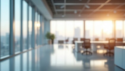 Blurred light modern office interior with panoramic windows. Abstract office background with blurry windows reflecting daylight. Business background for presentations. Contemporary corporate space.