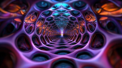 Abstract glowing tunnel, vibrant colors, digital art, sci-fi background, perfect for fantasy or tech visuals