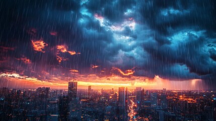 Fototapeta premium Close-up cinematic shot of a dark stormy sky, heavy rain clouds city landscape