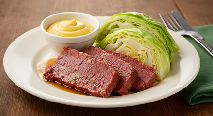 Fototapeta premium Hearty Plate Of Corned Beef And Cabbage Served With Mustard Sauce