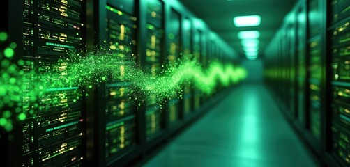 Green digital wave flows through modern server room. Data processing, cloud computing, cyberspace, data storage, information technology concept. Futuristic design illustrates big data transfer,