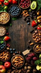Fototapeta premium Colorful assortment of nuts and fruits arranged beautifully.