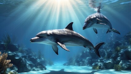 Fototapeta premium Two dolphins swimming in clear blue ocean water with sunlight streaming through the surface