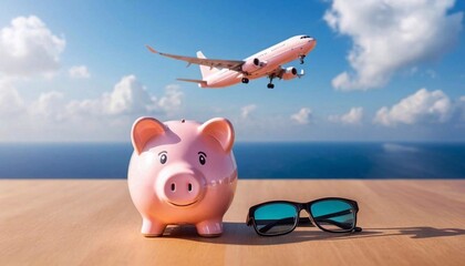 Travel piggy bank: a detailed photograph of a pink piggy bank, sunglasses, and an airplane against a sea landscape, symbolizing travel savings