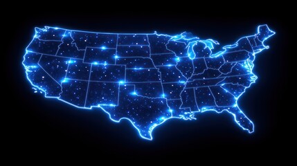 Glowing US map, network connections, dark background, data visualization