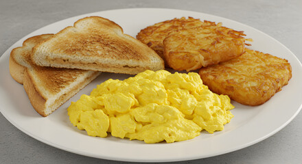 Golden Plate Featuring Scrambled Eggs Hash Browns and Toast Breakfast