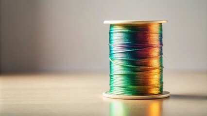 A spool of iridescent thread exhibiting a vibrant spectrum of greens, golds, and purples sits on a light wood surface