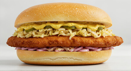 Delicious Crispy Schnitzel Sandwich with Mustard and Pickled Cabbage Close Up