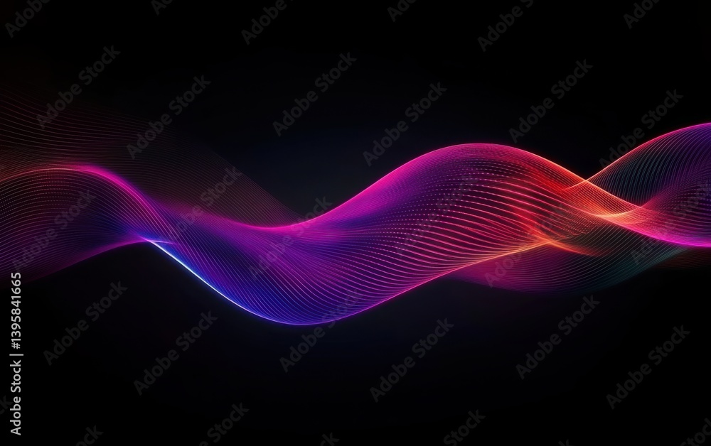 Poster abstract neon light trails dynamically moving across a dark minimalist background, symbolizing high-