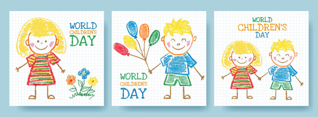 Happy Children's Day. Kids Card with Doodle Child. World Kids Day Cards with Hand Drawn Illustration. Cute Happy Childhood Concept Design. Funny Hand Drawn Children's Poster with Boy, Girl and Flower.
