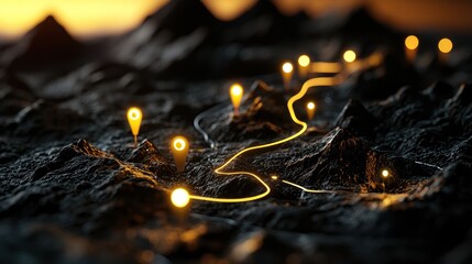 Glowing path across dark mountains; sunset backdrop; journey concept