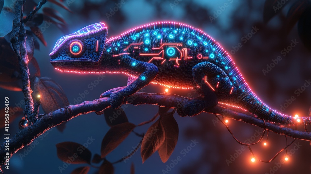 Poster a robotic chameleon with neon circuit patterns shifting across its body, perched in a tree backgroun