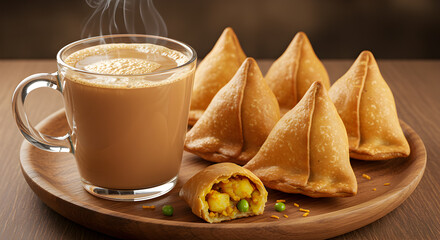 Hot Cup Of Spiced Chai Tea Served With Warm Flaky Samosas On Wooden Platter