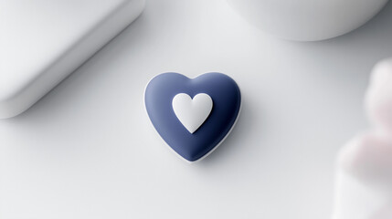 Blue and white heart icon in 3D style on white surface