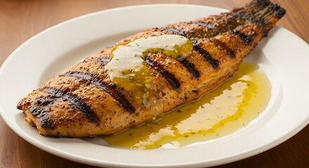 Grilled Cajun Catfish Served With Lemon Butter Sauce On White Plate