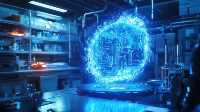 Advanced quantum computer glowing with blue electric.