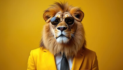Lion portrait wears yellow suit, sunglasses on yellow background. Funny concept art represents elegance, leadership, business, modern design. Conceptual image for marketing, advertising, creative