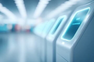 modern retail store with sleek automated checkouts in focus blurred shoppers in background