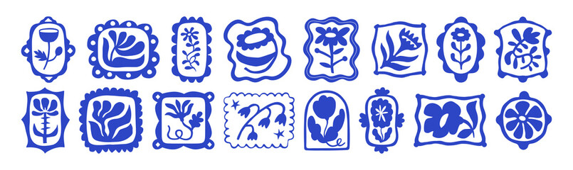 Blue floral frame illustration set. Vintage style flower design collection. Geometric natural bouquet decoration, spring season nature flowers.	
