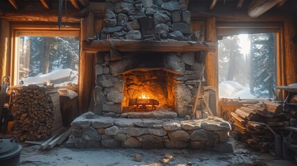 Cozy Winter Cabin with Rustic Stone Fireplace and Stacked Firewood