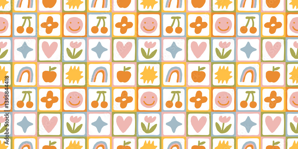 Poster fun colorful geometric shape seamless pattern. abstract retro children style art background for kids