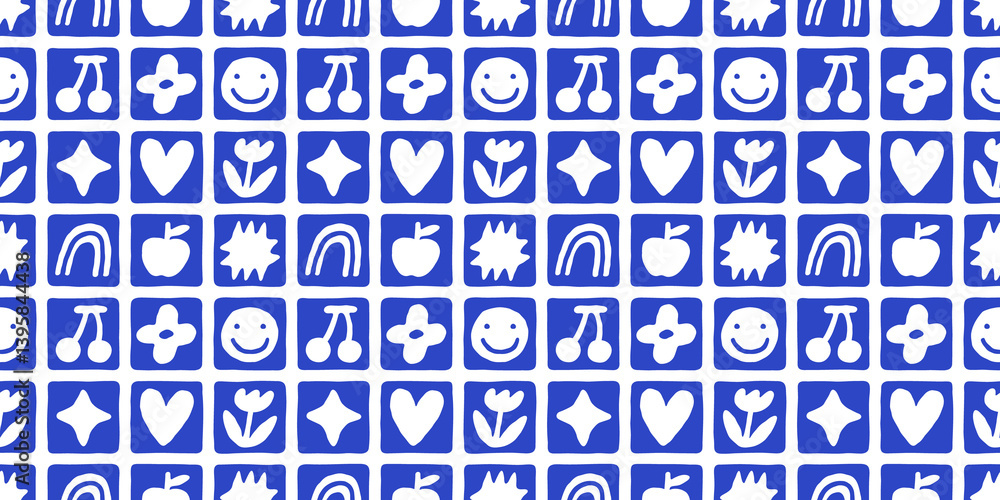 Poster fun blue geometric shape seamless pattern. abstract retro children style art background for kids, tr