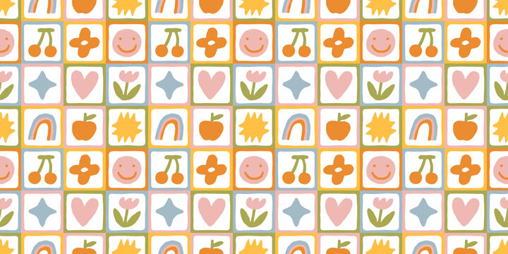 Fun colorful geometric shape seamless pattern. Abstract retro children style art background for kids, trendy design with geometry mosaic shapes. Simple childish patchwork wallpaper texture.	