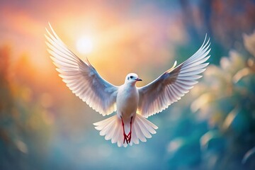 Graceful White Bird in Flight, Soft Blurred Background, Ethereal Photography