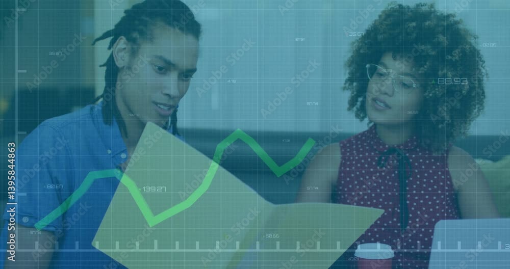 Poster discussing financial data, two people with graph animation overlay in office setting