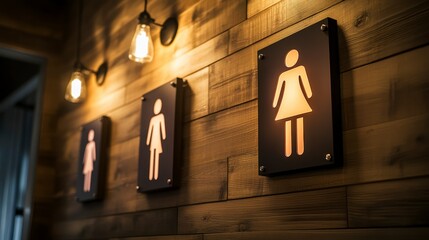 Illuminated restroom signs on wood wall.