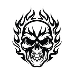 Skull Engulfed in Flames, Detailed Black & White on Plain Background