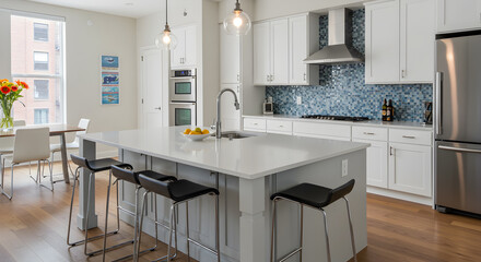 Fototapeta premium Modern Apartment Kitchen Design With Island And Breakfast Bar Bright Interior