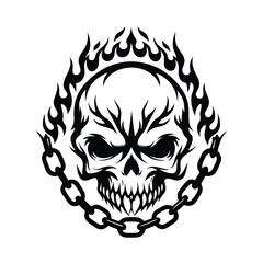 Skull with Flame, Chain, and Sharp Teeth Silhouette. Scary, Halloween, Death, Evil