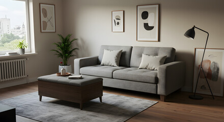 Fototapeta premium Stylish Apartment With A Modern Sofa And Storage Ottoman Illustration