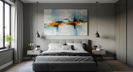 Modern Bedroom Interior With Abstract Art and Pendant Lights Design