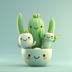 Adorable Cartoon Cactus in Pot. 3D Rendered Illustration