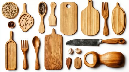 Wooden kitchen utensils and cutting boards