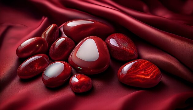 Edelstein: Roter Jaspis, Trommelsteine auf weinrotem Seidentuch