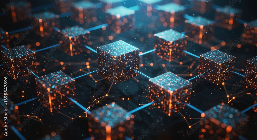 Poster abstract digital network of glowing cubes connected by blue lines on a dark background