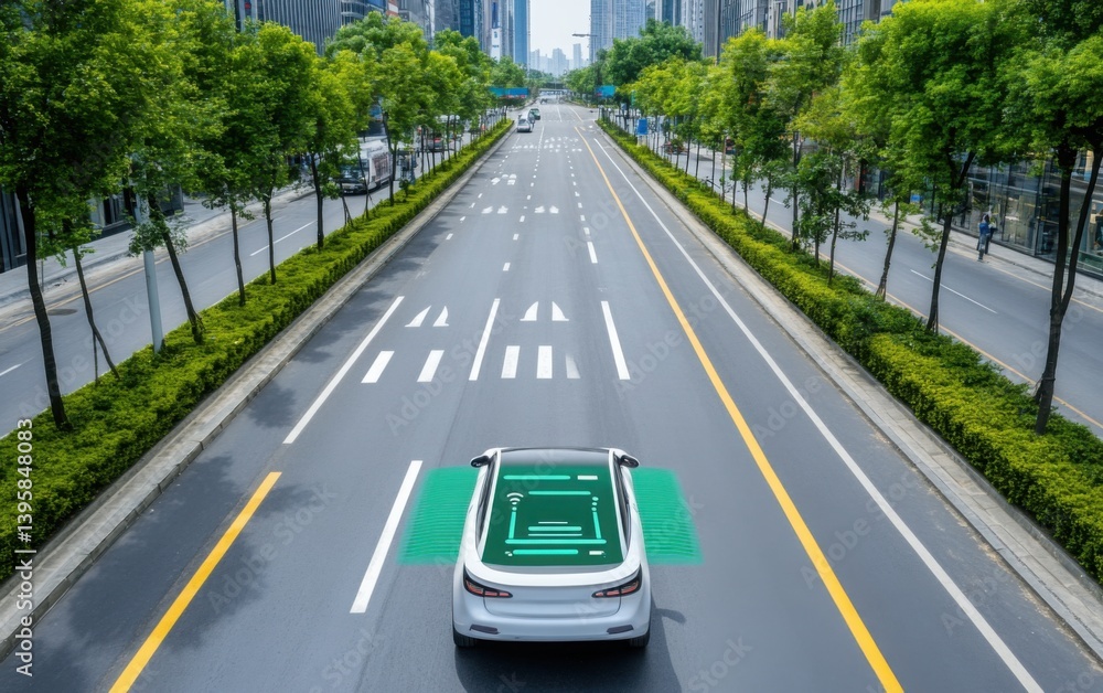 Poster clean urban street with autonomous electric vehicles following smart traffic lights, embedded sensor