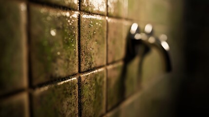 Dirty bathroom tiles, old faucet, dim light, grunge background;  website or blog