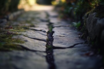 A cobblestone path with a deep central crack winds gently through a lush garden, suggesting history and natural beauty.