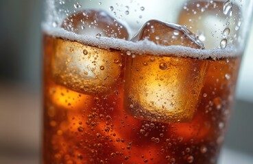 Close-up glass soda with ice cubes. Cold refreshing drink with bubbles, carbonation, fizz. Cool summer beverage, diet coke drink. Freshness, thirst quenching, summer vacation vibe.