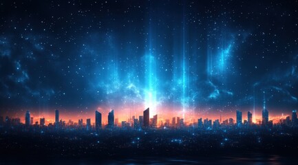 Fototapeta premium Futuristic City Skyline Illuminated by Neon Lights Against Starry Night Sky