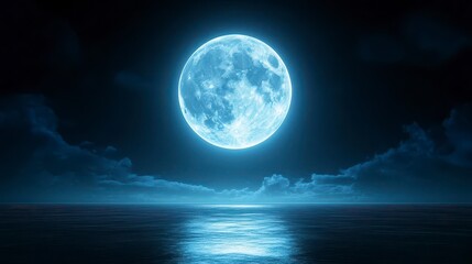 Fototapeta premium Majestic Blue Full Moon Over Serene Ocean at Night Sky
